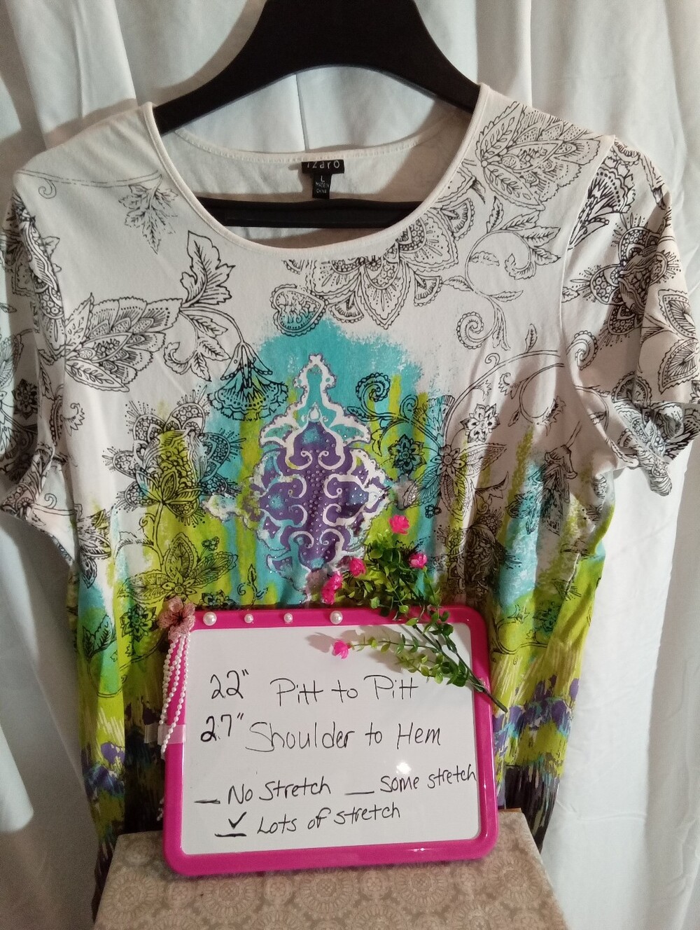 Alfani White Short Sleeve Top with Green, Blue & Purple Print L - Picture 5 of 5